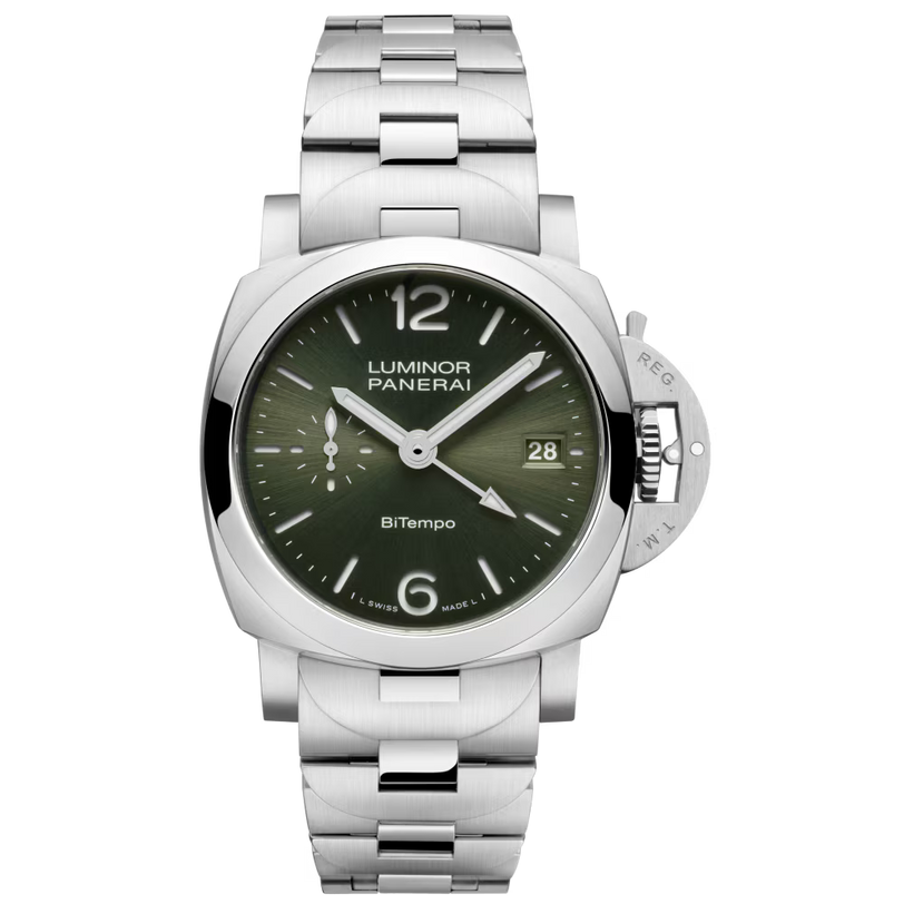 The Panerai Luminor Quaranta BiTempo is a silver wristwatch with a green dial, silver hour markers, date display at 3 o’clock, stainless steel bracelet, and automatic P.900/GMT movement with an impressive power reserve.