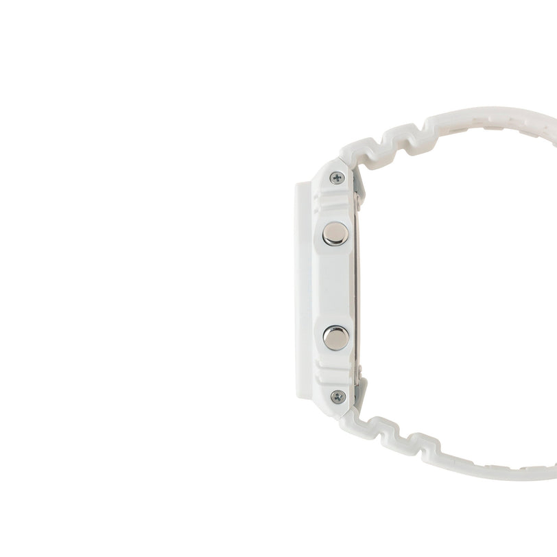 White resin digital watch with square case, metal buttons, and textured band shown from the side.