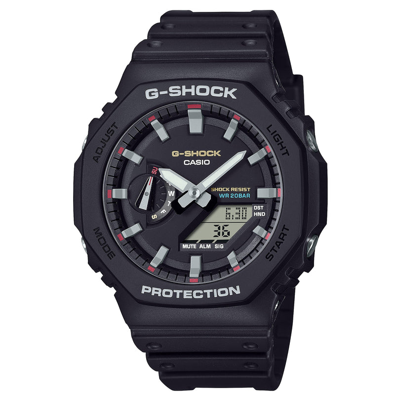 Black G-Shock digital and analog quartz watch with resin band, white hands, gray hour markers, and red accents on dial.