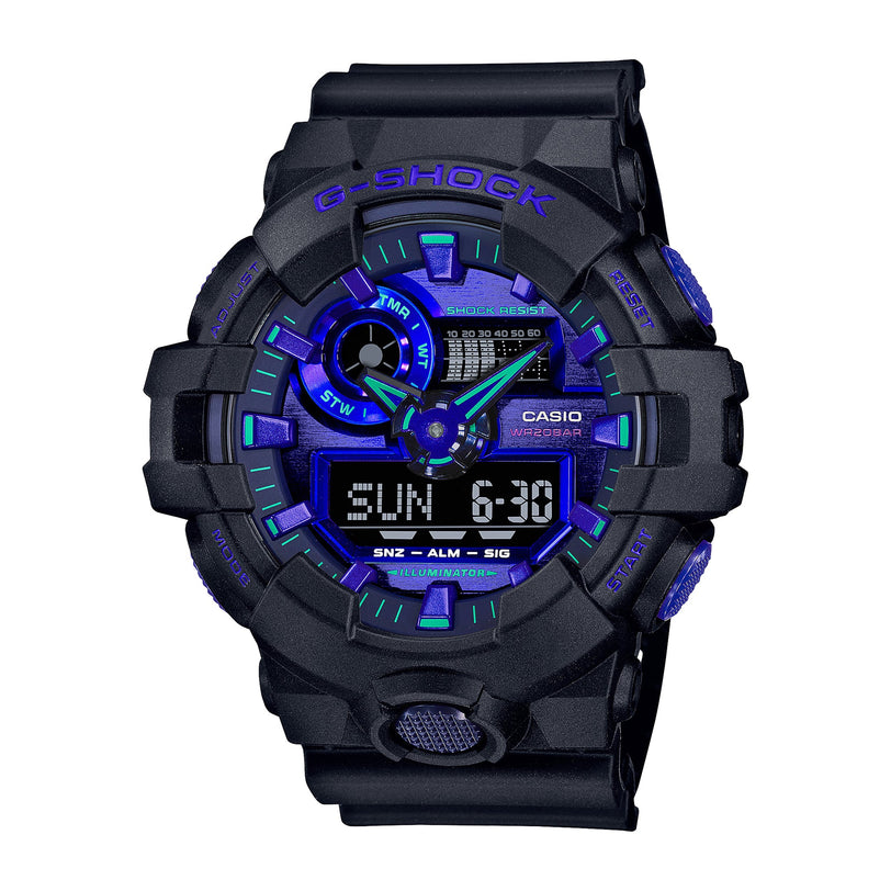 Black G-Shock digital watch with blue and purple illuminated dial, analog and digital displays, and black resin band.