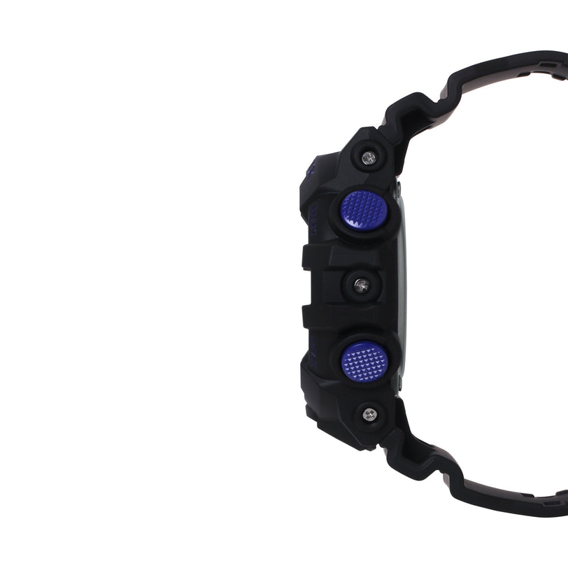 Black resin digital watch with blue textured buttons and black rubber strap, shown from side profile.