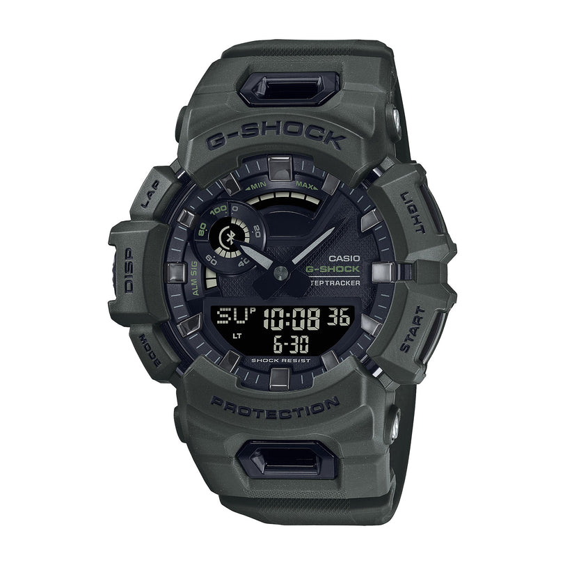 Green resin G-Shock watch with digital and analog display, dark face, and protective rubberized band.