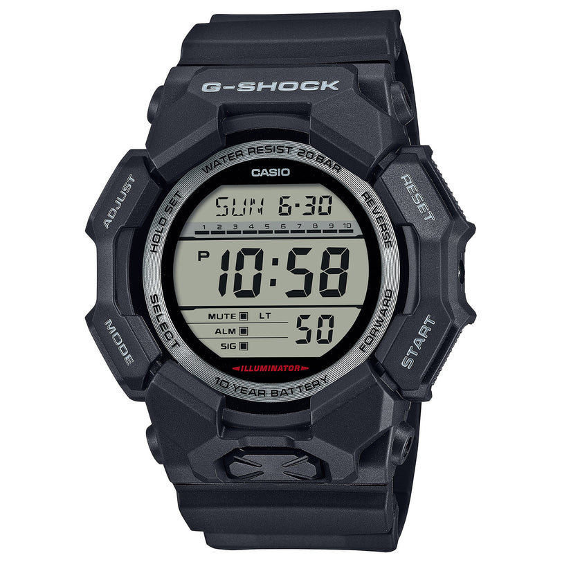Black G-Shock digital watch with LCD display showing time, water resistance rating, and illuminator feature on resin band.