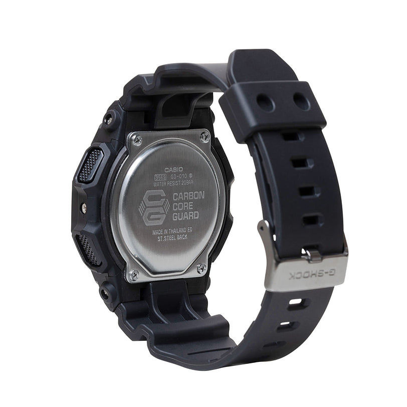 Black digital watch with rectangular face, Carbon Core Guard casing, and black resin band with metal buckle.