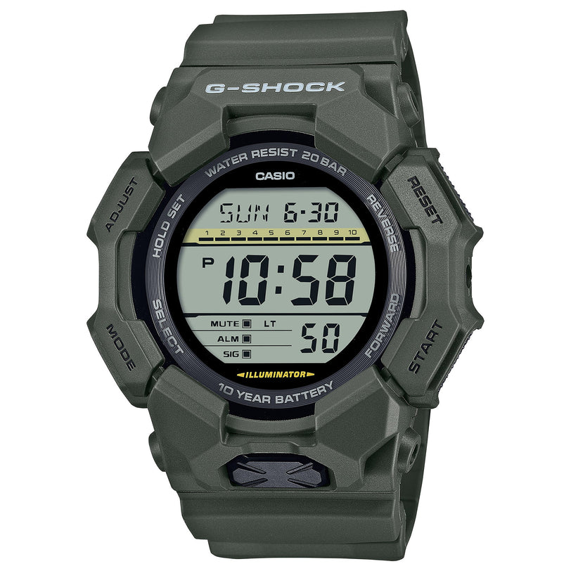 Green G-Shock digital watch with rectangular LCD display showing time, water resistance rating, and illuminator feature.