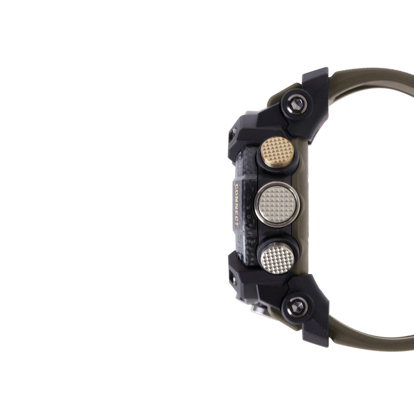 Black and olive digital watch with square case, textured dial, three subdials, and olive resin band shown from the side.