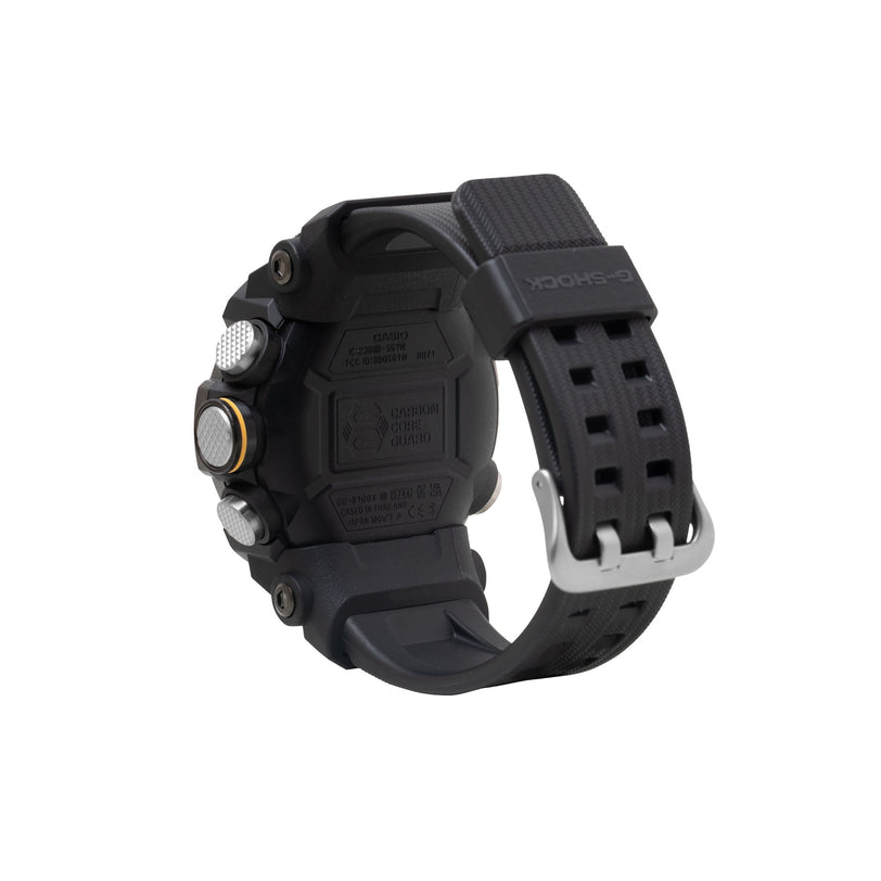 Black digital watch with square face, multiple side buttons, textured rubber band, and metal buckle.
