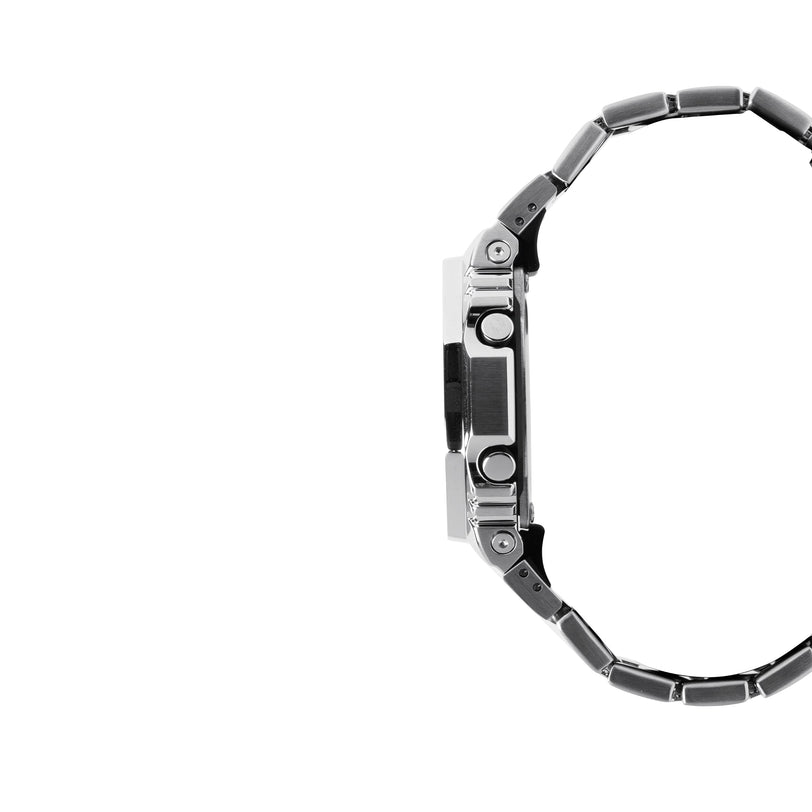 Digital watch with silver stainless steel case and black resin band, shown from the side profile.