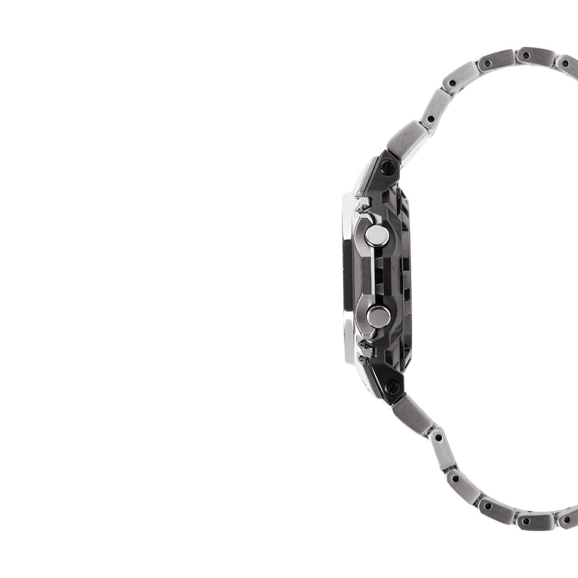 Silver and black stainless steel watch with metal link band and dual subdials on the face, shown from the side.