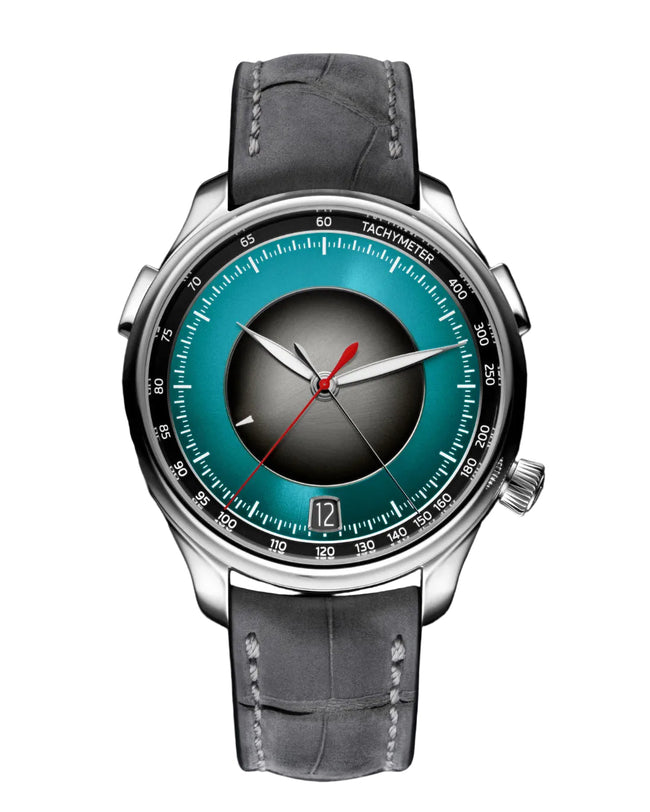 Silver-tone chronograph watch with turquoise dial, black subdial, red seconds hand, tachymeter bezel, and gray leather strap.