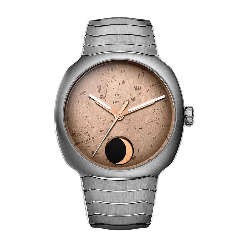 The H. Moser & Cie Streamliner Perpetual Moon Concept Meteorite is a silver wristwatch with a textured bronze Gibeon meteorite dial, silver and gold hands, Roman numerals, and a brushed metal band that enhances its cosmic allure.