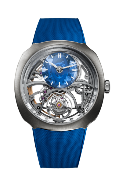 Streamliner Alpine watch with blue dial, visible skeleton movement, gray case, and blue rubber strap.