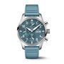 The IWC Schaffhausen Pilot Chronograph Miramar Edition is a silver wristwatch with a teal face and strap, featuring three subdials and a day-date display.
