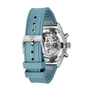 The IWC Schaffhausen Pilot Chronograph Miramar Edition is a luxury watch featuring a blue rubber strap and an exposed mechanical movement on the back.