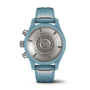 Back view of the IWC Schaffhausen Pilot Chronograph Miramar Edition, featuring TOP GUN and U.S. Navy Fighter Weapons School engraved on its metal case.