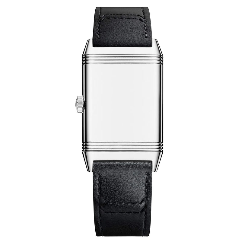 The Jaeger-LeCoultre Reverso Classic Monoface Small Seconds is a rectangular silver wristwatch with a minimalist Art Deco design, white dial, black calfskin strap, ridged left crown, and features the mechanical Calibre 822 movement.