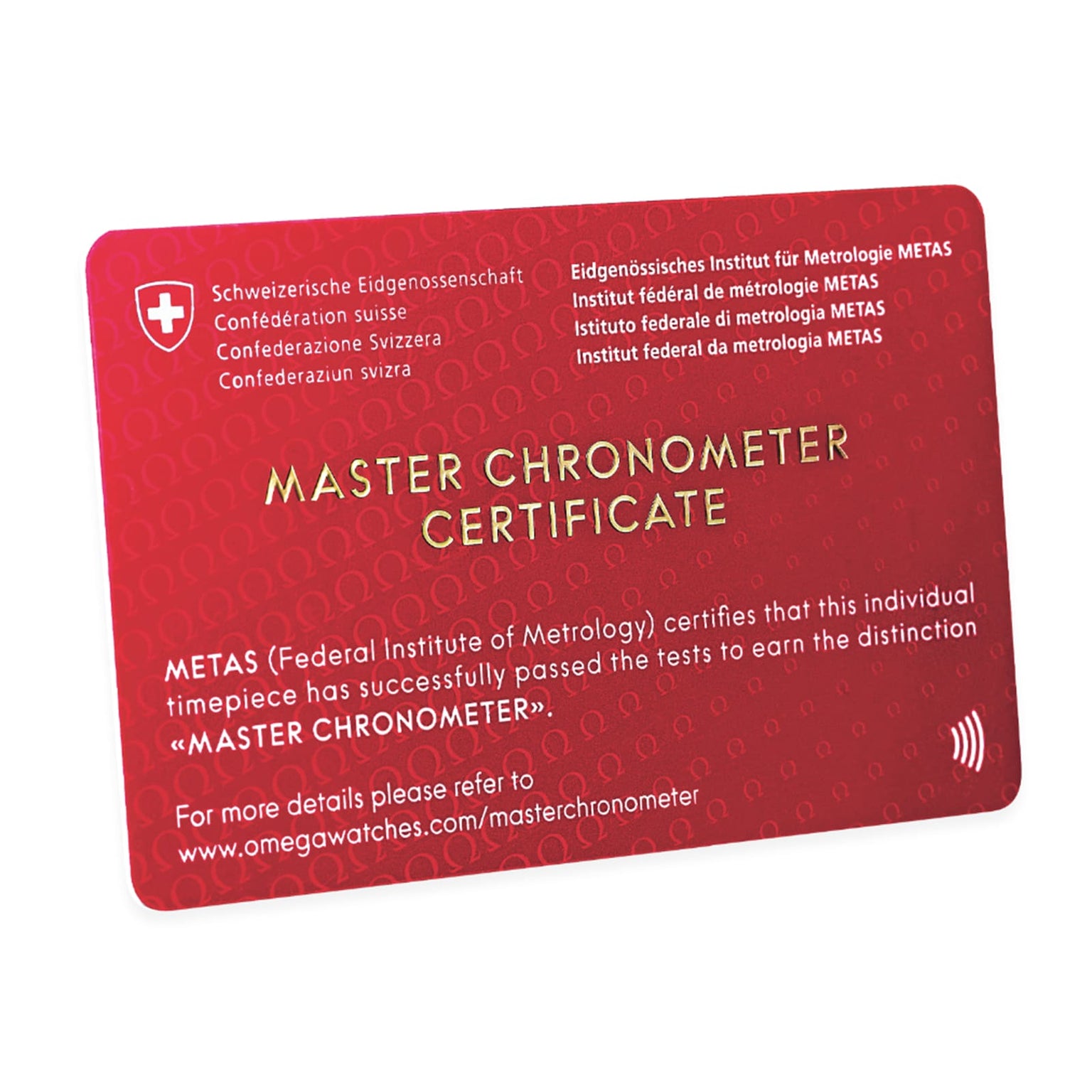 A red Master Chronometer certificate card from METAS certifies that the OMEGA Seamaster Diver 300M Nekton Edition has passed all tests for the prestigious Master Chronometer distinction.