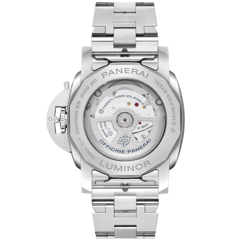 The back view of the Panerai Luminor Quaranta BiTempo wristwatch reveals its automatic mechanical movement through a transparent case back, featuring engraved text and visible intricate components.