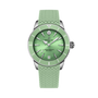 A Breitling Superocean Heritage Automatic 36 wristwatch with a green dial, textured strap, and silver accents, shown on a black background.