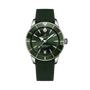 The Breitling Superocean Heritage B31 Automatic 40 is a green wristwatch with a green strap, silver bezel, black dial, and displays the time 10:10.