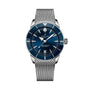 The Breitling Superocean Heritage B31 Automatic 42 features a silver case, blue dial, mesh strap, and date display on a white background.