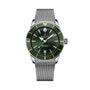 The Breitling Superocean Heritage B31 Automatic 42 features a green dial, silver mesh band, date display, and luminous hands.