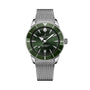 The Breitling Superocean Heritage B31 Automatic 44 features a green dial, silver mesh band, silver hour markers, and a date window at 6 o’clock.