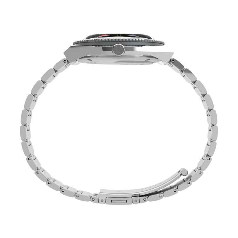 Side view of the Timex Q Timex GMT wristwatch in silver with a round face, visible crown, and linked bracelet band, shown against a white background.