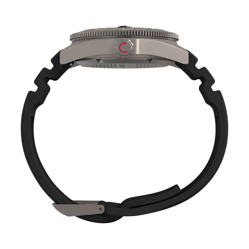 Side view of the Timex G TI AU SW DEEP WTR REEF 41 BLAK DL 25: a titanium automatic dive watch with a round silver case, textured bezel, black strap with curved design, red-accented crown, and visible buckle. Water resistant to 200m.