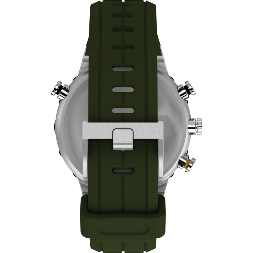Back view of the Timex Expedition® Tide-Temp-Compass watch featuring a green rubber strap, silver buckle, and metallic case. Side buttons and crown are partly visible; the watch face is not shown.
