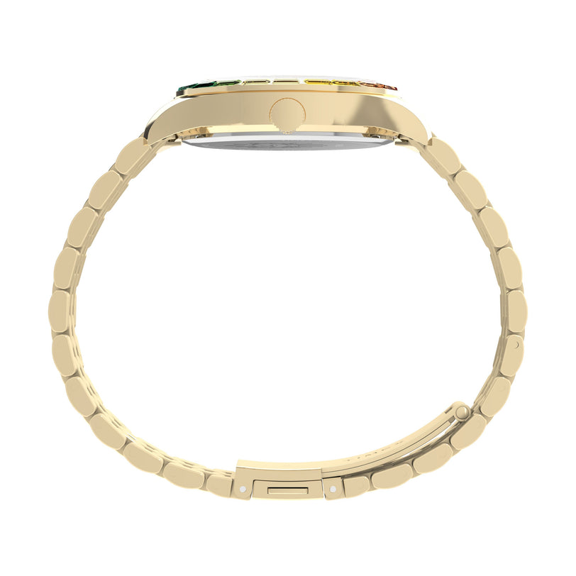 Side view of the Timex x Jacquie Aiche watch by Timex, gold-tone stainless steel with a metal link band, round face, and clasp. The fully extended band displays its thickness and design details from the Cosmic Nights collection.