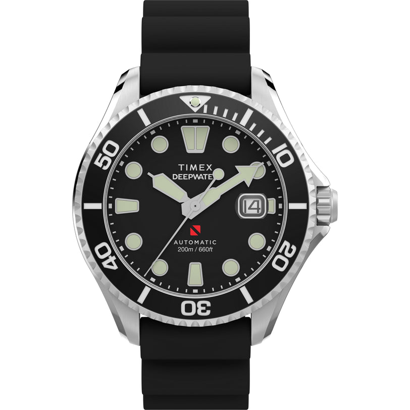 The Timex Deepwater Meridian 200 Automatic features recycled stainless steel, a black dial with large luminous markers, black rotating bezel, black rubber strap, date window at 3 o’clock, and 200m water resistance.