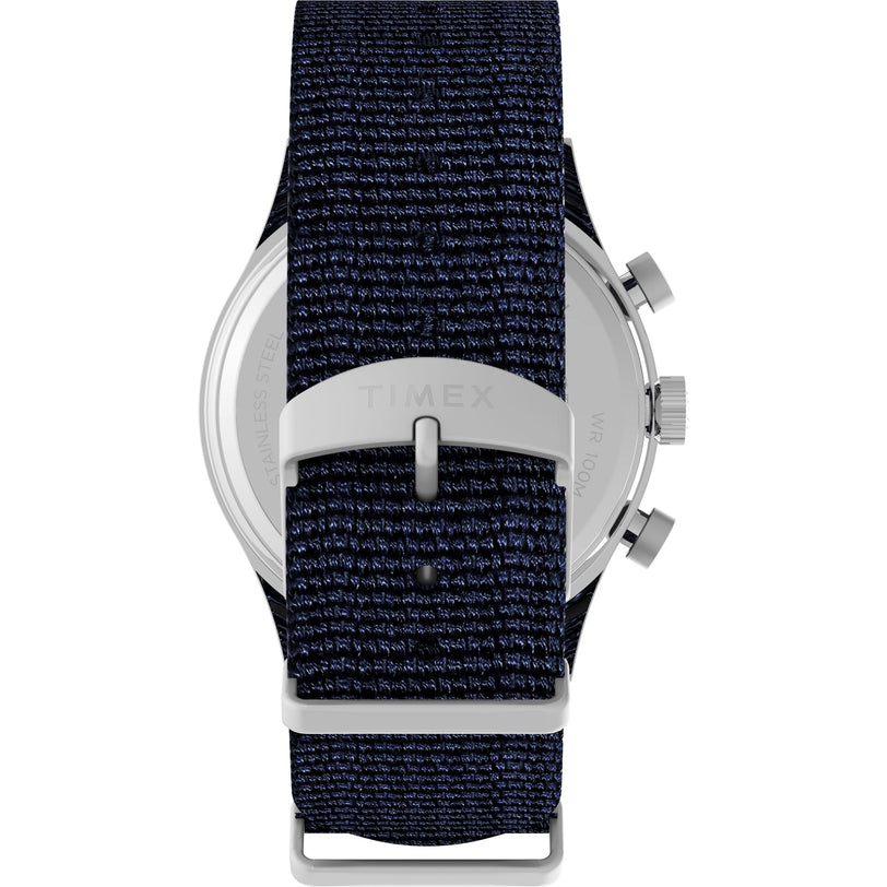 A close-up of the Timex Waterbury Traditional Fly-Back Chronograph stainless steel watch.