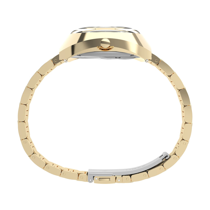 Side view of the Timex Q 1972 Time Machine Reissue, showing the gold metal link band, round crown, watch case thickness, clasp, and a stunning tiger’s eye dial.