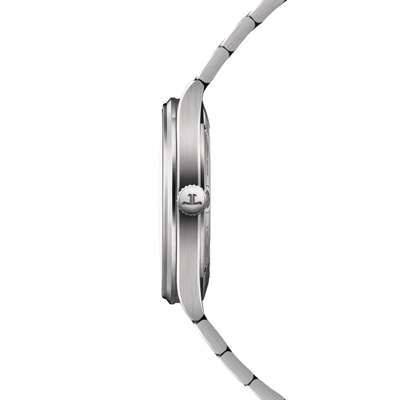 Silver-toned watch with brushed metal case and bracelet, shown from the side profile.