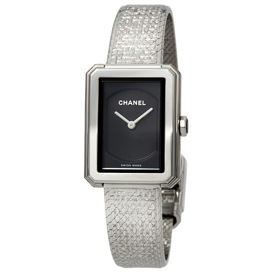 The Chanel Boy·Friend Tweed is a rectangular stainless steel watch featuring a black guilloché dial, silver hour and minute hands, a silver frame, and a textured silver strap. The dial displays "CHANEL" and "SWISS MADE.