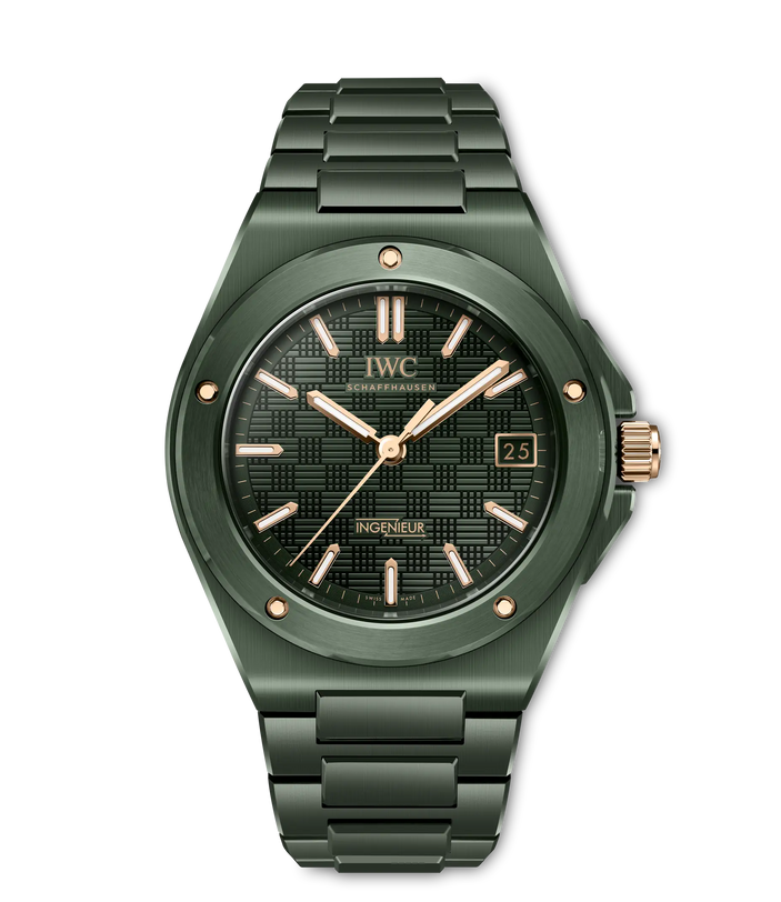 Green stainless steel watch with black dial, rose gold indices and hands, date window, and matching bracelet.