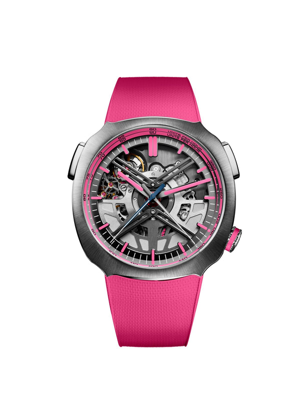 Watch with pink strap and transparent face on a white background