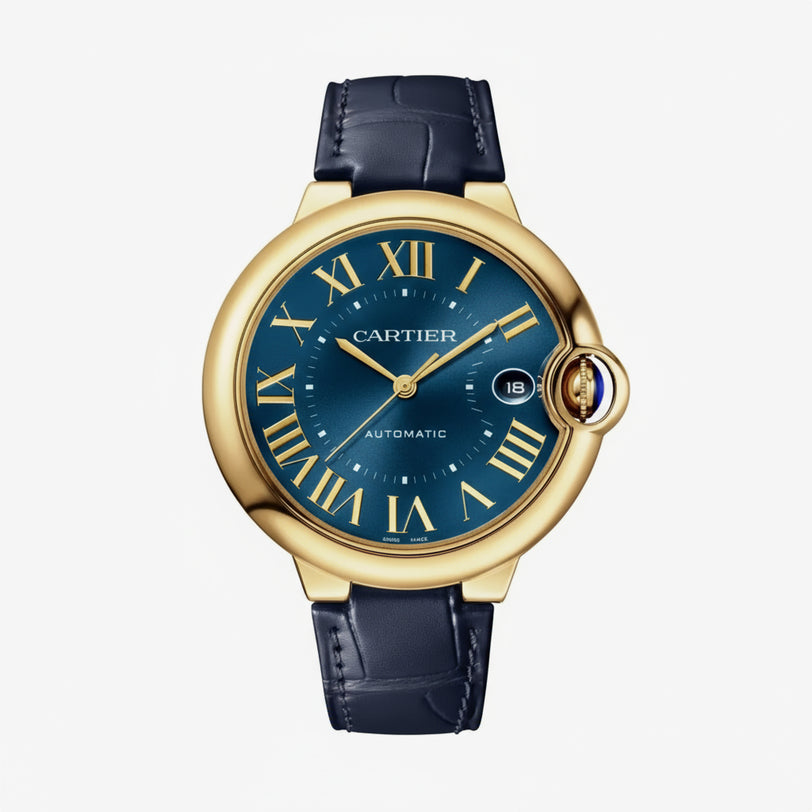 The Ballon Bleu De Cartier Watch by Cartier features a blue face, gold Roman numerals, date window at 3 o’clock, and a blue leather strap, shown against a white background.
