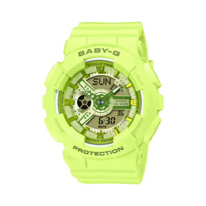 Neon yellow Baby-G digital analog watch with dual time display and protection labeling.