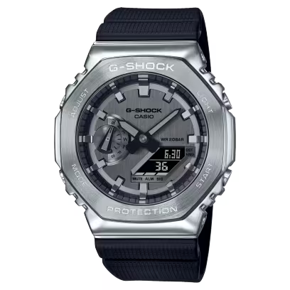 G-Shock digital-analog watch with silver metal case, black dial, and black resin band.