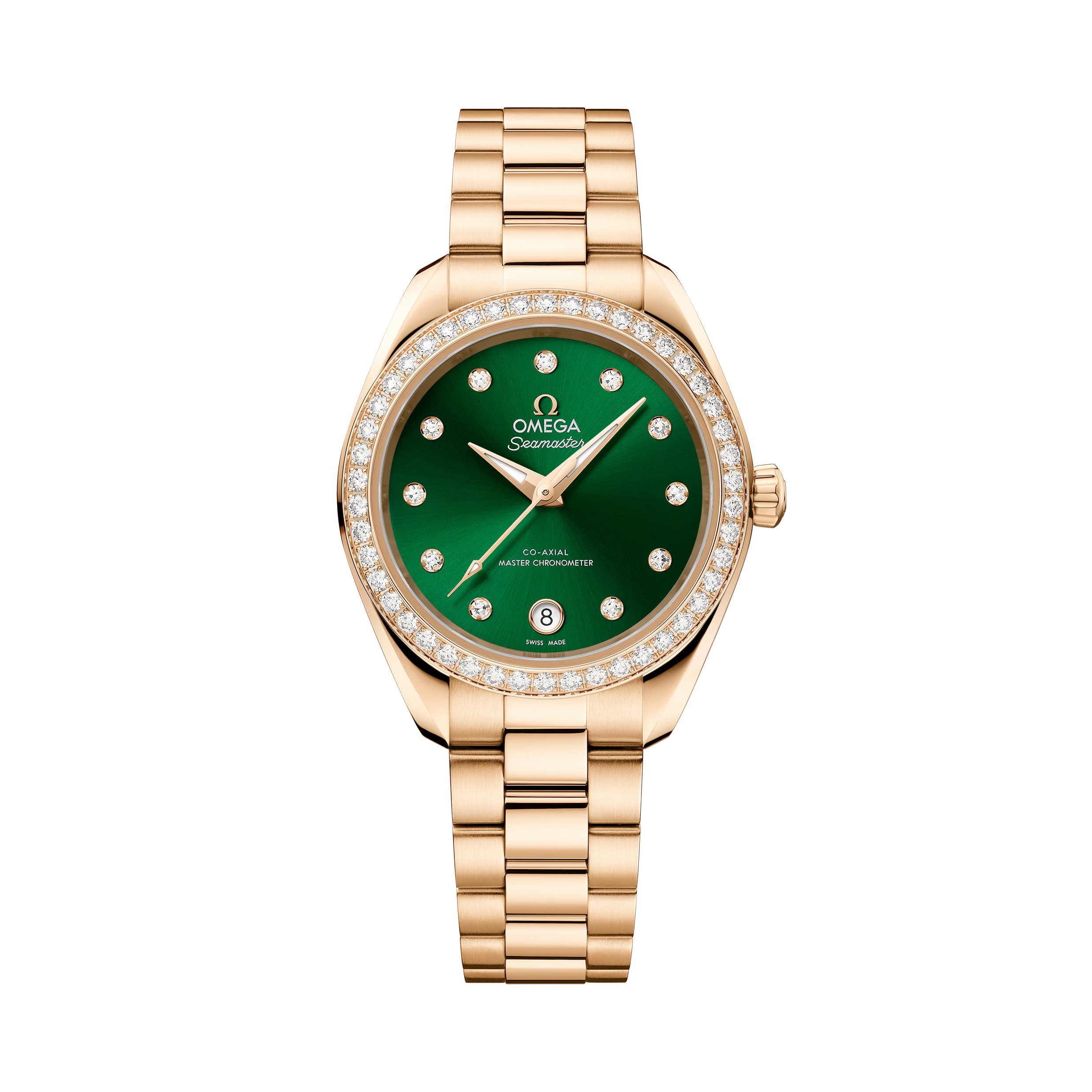 OMEGA Seamaster Aqua Terra 150M 30mm, Moonshine™ gold on Moonshine™ gold Watch, with a Diamond Bezel and Green Dial with Diamond Markers on a Moonshine™ gold integrated bracelet.
