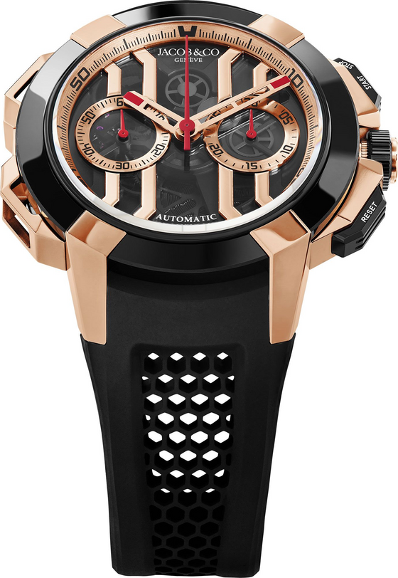 Jacobs & Co chronograph watch with rose gold and black case, black dial with subdials, red hands, and black rubber strap with