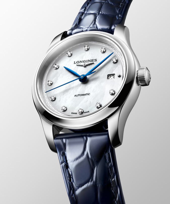 Master | 30mm, Stainless Steel, White mother-of-pearl Dial, Blue Alligator Leather, Womens Watch