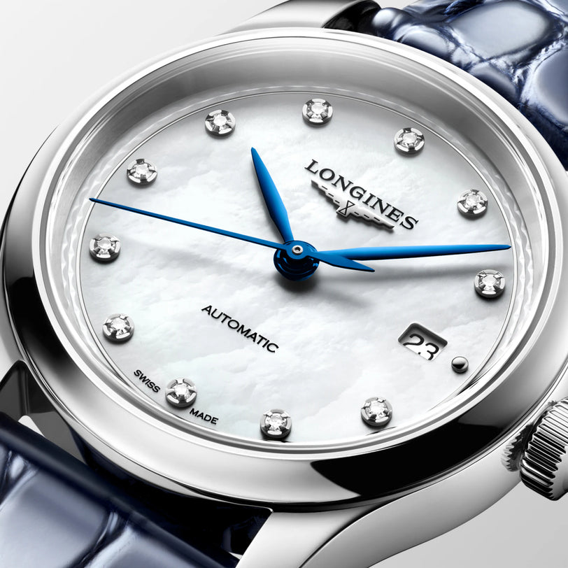Master | 30mm, Stainless Steel, White mother-of-pearl Dial, Blue Alligator Leather, Womens Watch