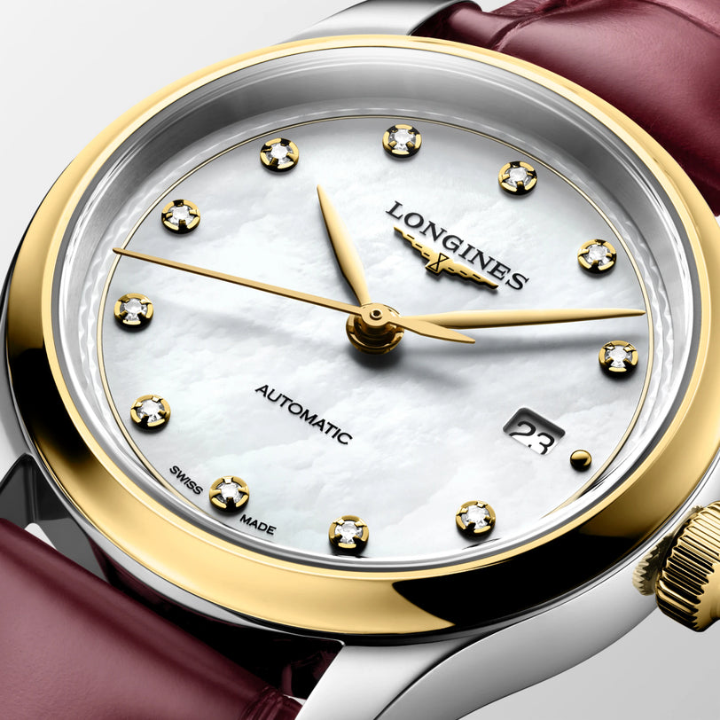 Master | 30mm, Stainless Steel and 18K Yellow Gold, White mother-of-pearl Dial, Bordeaux Alligator Leather, Womens Watch