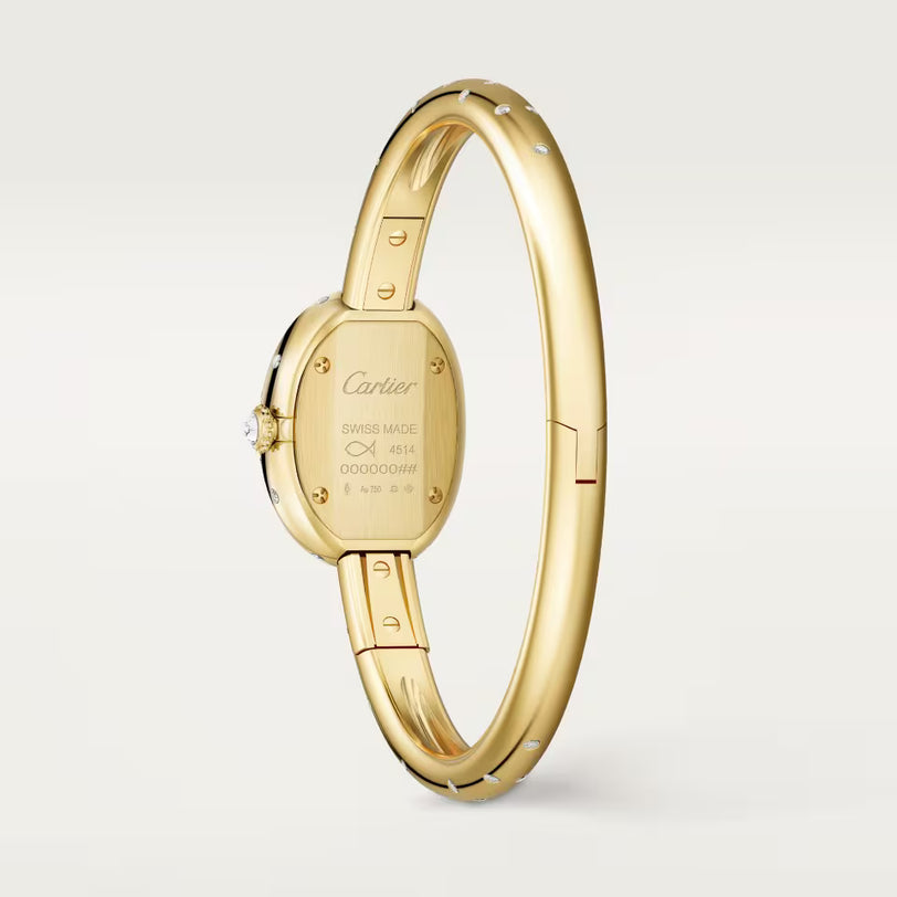 A sleek, gold Cartier Baignoire Mini Model (Size 15) is displayed vertically, revealing its engraved backplate with branding and model details, seamlessly blending elegant jewelry design with luxury watch craftsmanship.