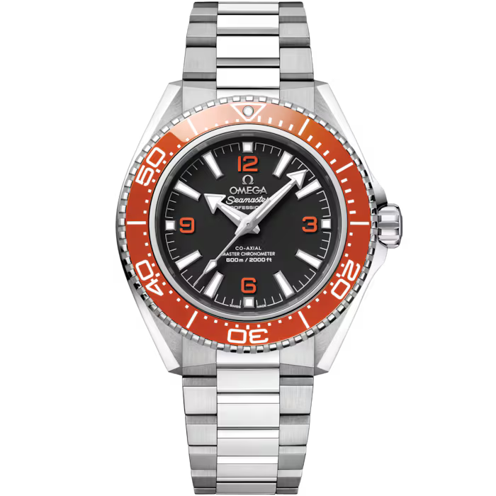 The OMEGA Seamaster Planet Ocean 600M features a black dial, orange bezel, silver hour markers, stainless steel link bracelet, displays 10:10, and has water resistance up to 600m/2000ft.