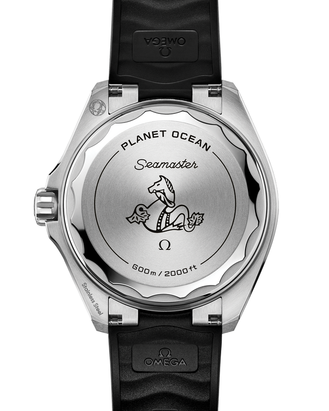 The OMEGA Seamaster Planet Ocean 42mm showcases an engraved seahorse, OMEGA logo, and "Planet Ocean Seamaster 600m / 2000ft" on the back, plus a black strap and durable stainless steel case.