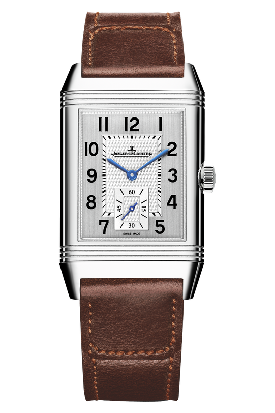 The Jaeger-LeCoultre Reverso Classic Duoface Small Seconds features a rectangular steel case, brown leather strap, black Arabic numerals, blue hands, and a small seconds subdial at 6 o’clock—ideal for tracking two time zones.
